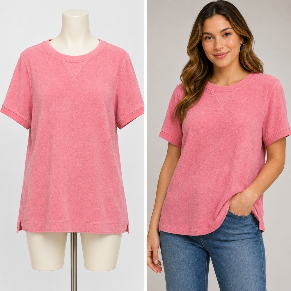 Denim & Co Terry Cloth Top Women Medium Pink Short Sleeve V-Stitch Crew Neck Tee